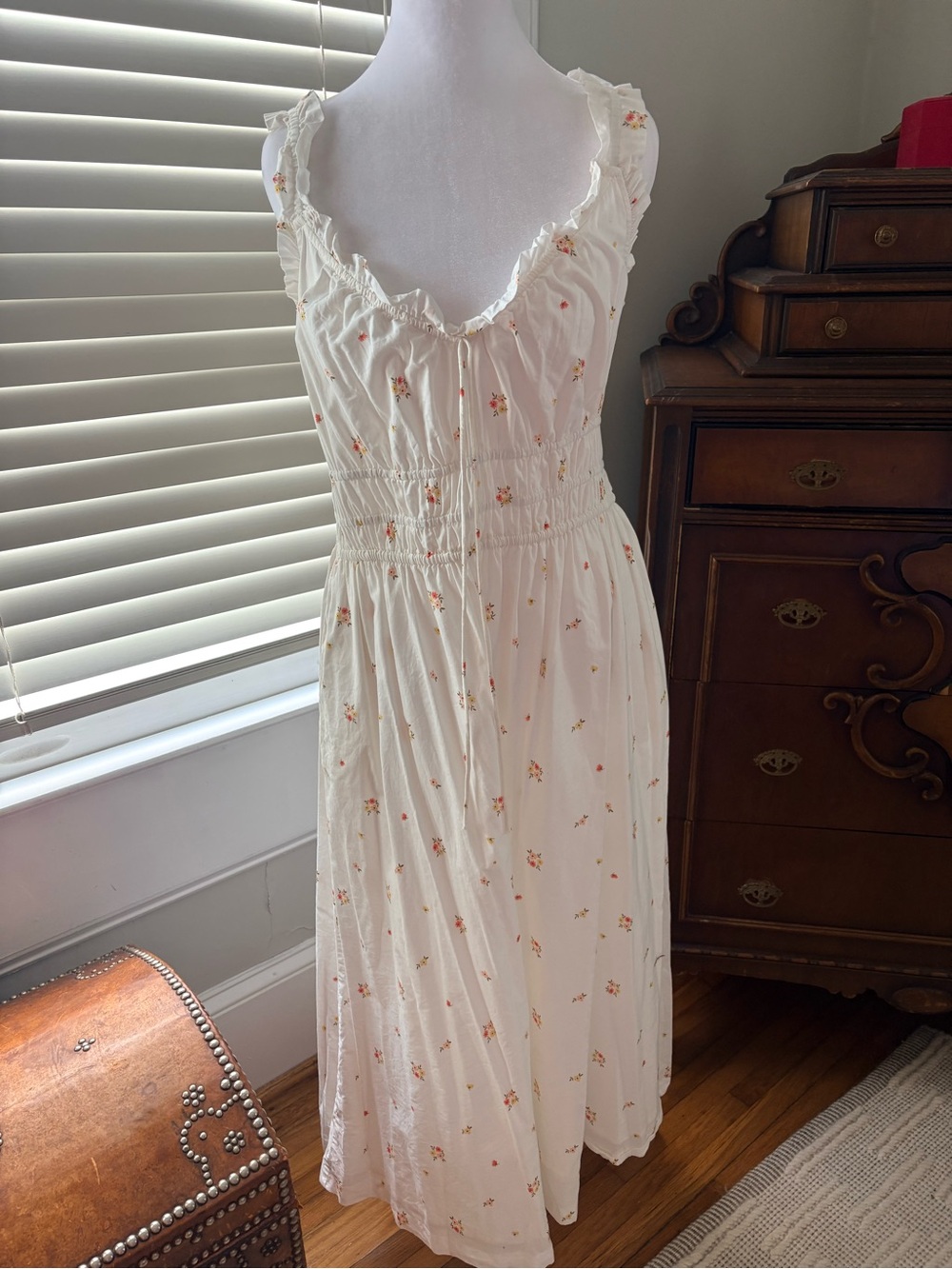 Old Navy White Floral Ruffle Midi Dress with Yellow Accents